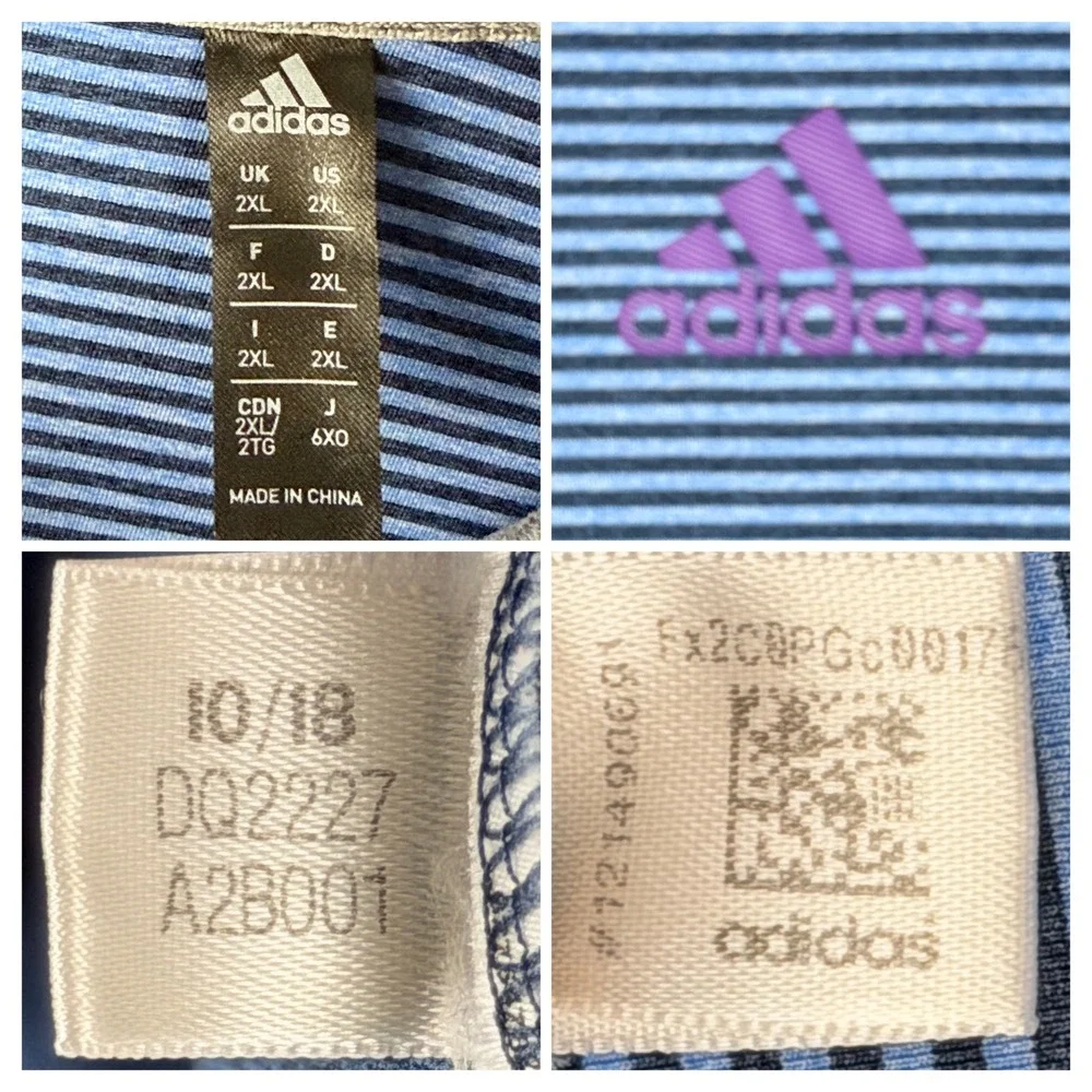 Adidas Men's 2XL Golf Polo Shirt Blue‎ Purple Striped Performance Athletic AJGA